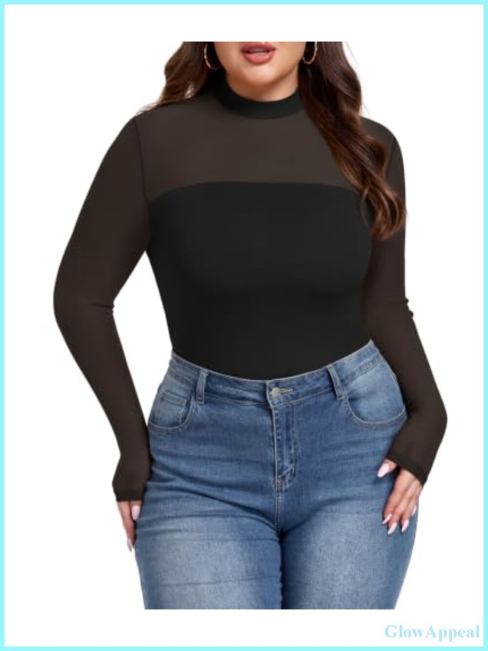 Plus Size Sheer Mesh Top Mock Neck Long Sleeve Blouse